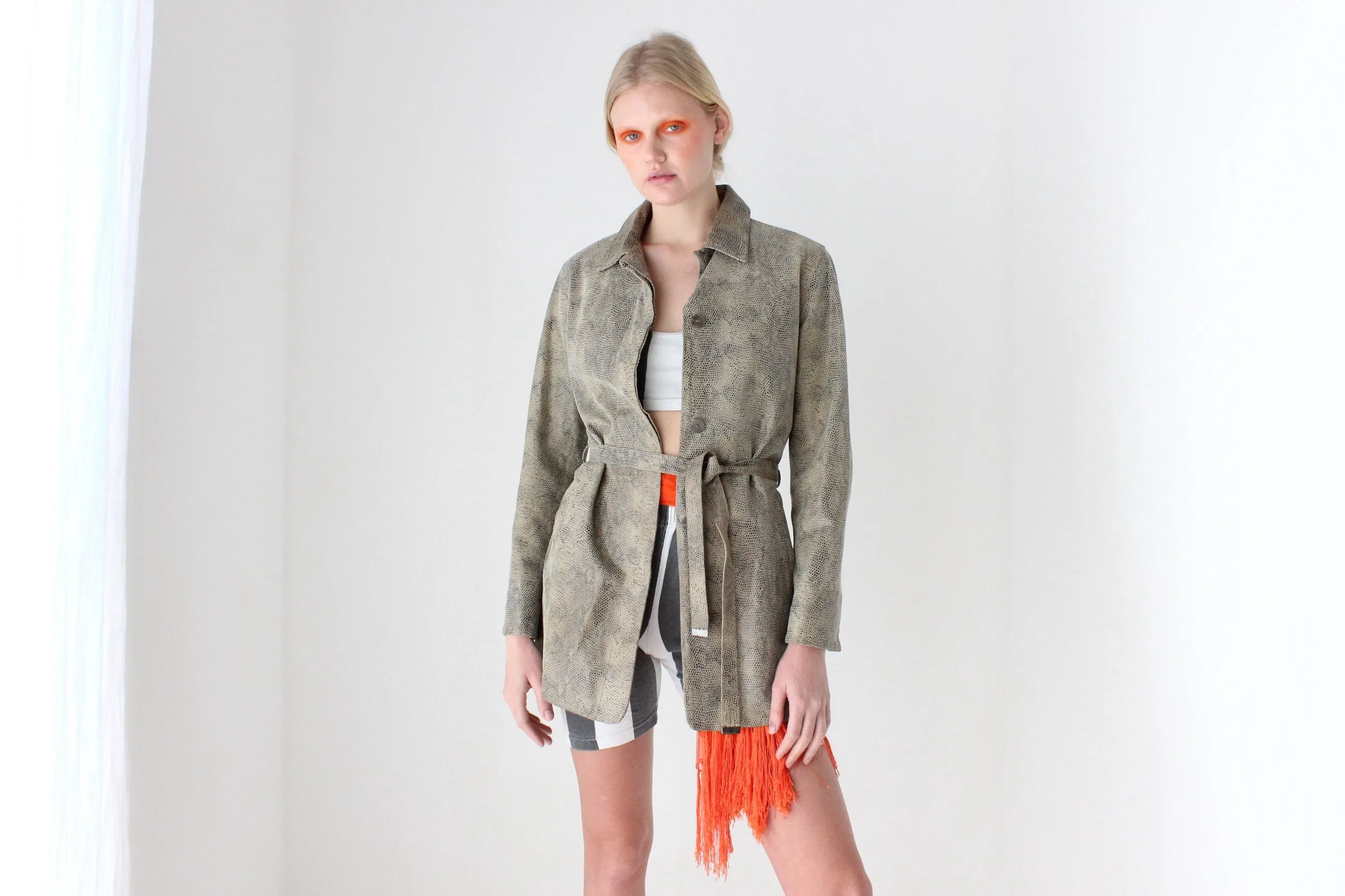 90s Snakeskin Python Look ~Genuine Leather~ Jacket w/ Tie Waist