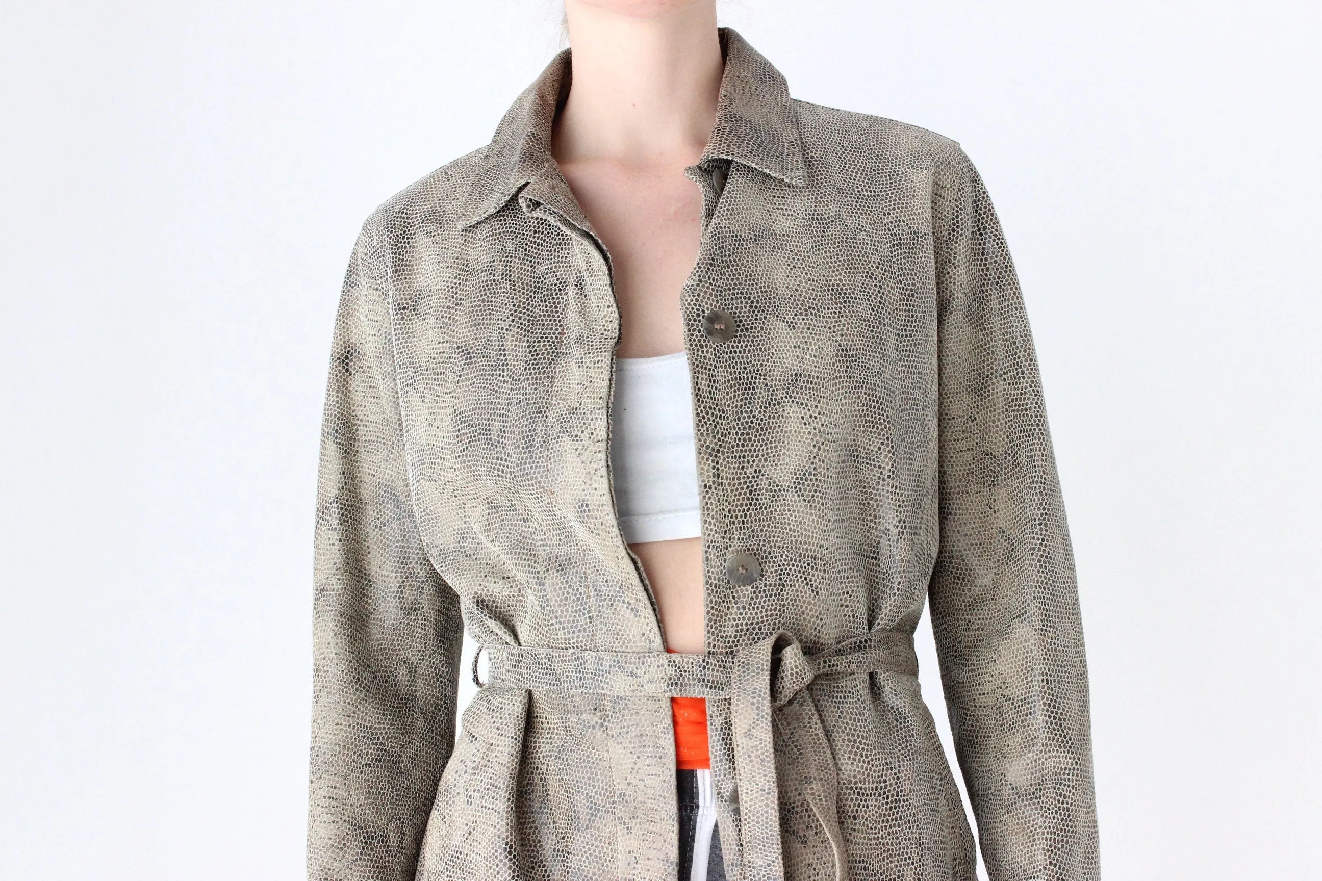 90s Snakeskin Python Look ~Genuine Leather~ Jacket w/ Tie Waist