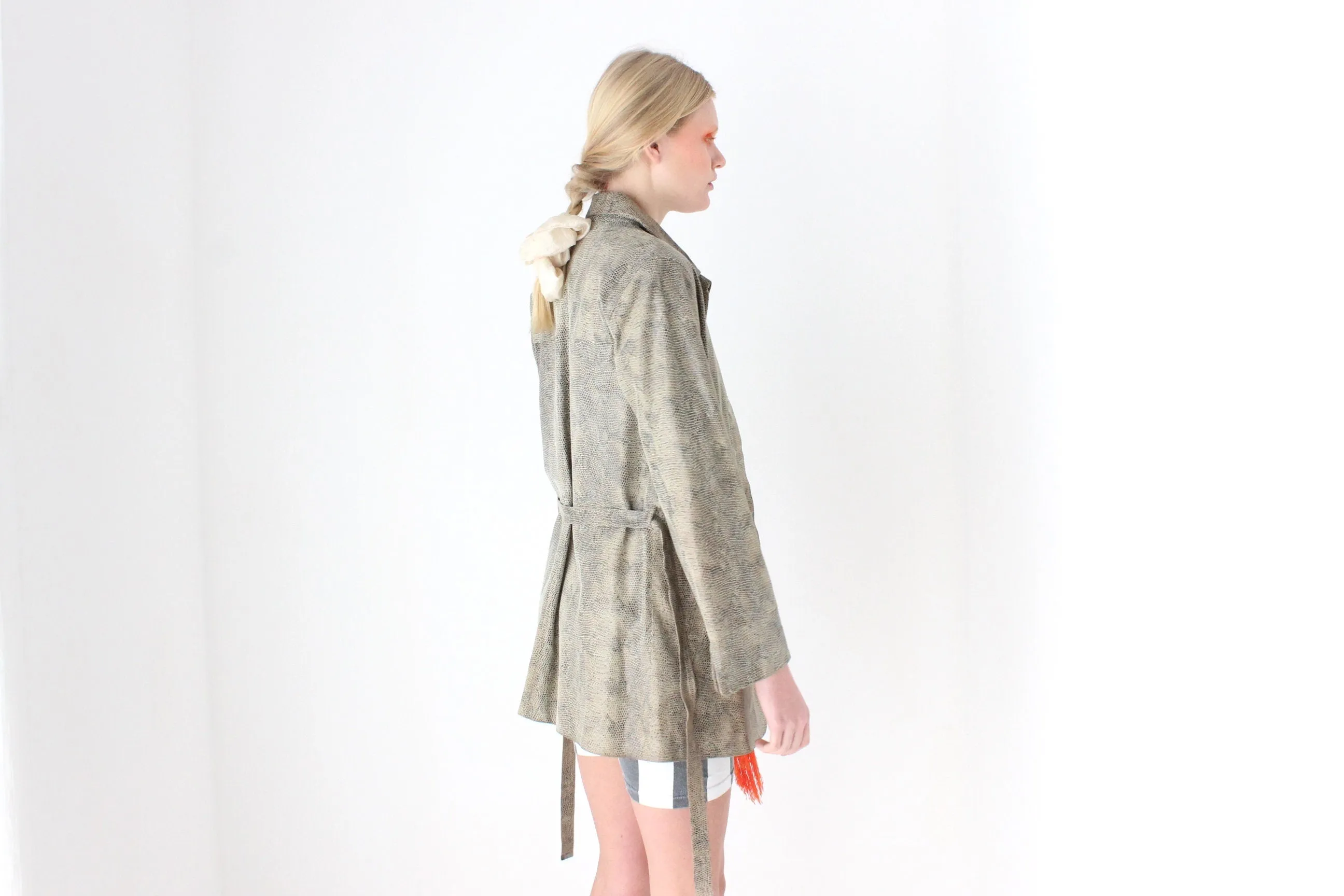 90s Snakeskin Python Look ~Genuine Leather~ Jacket w/ Tie Waist