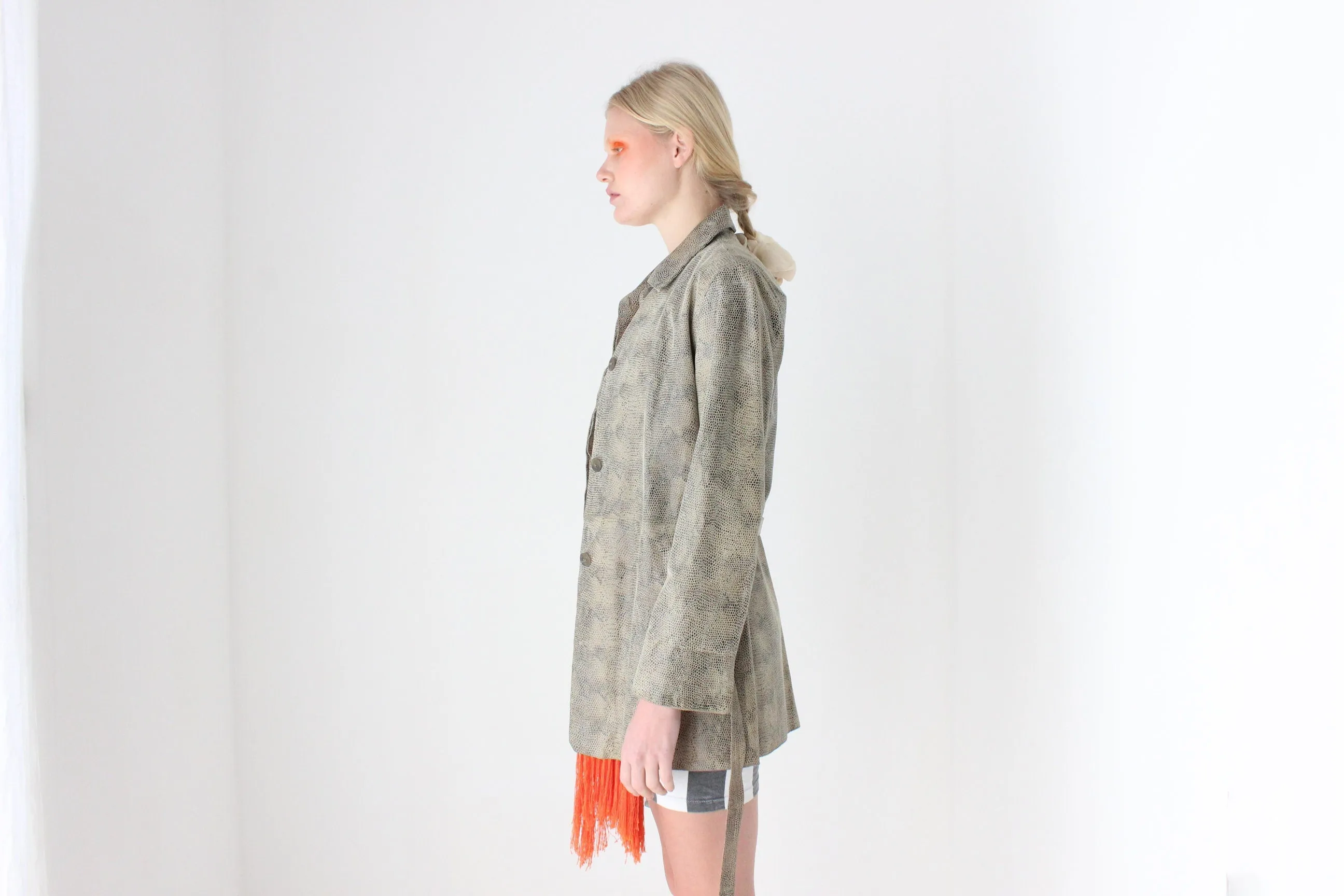 90s Snakeskin Python Look ~Genuine Leather~ Jacket w/ Tie Waist
