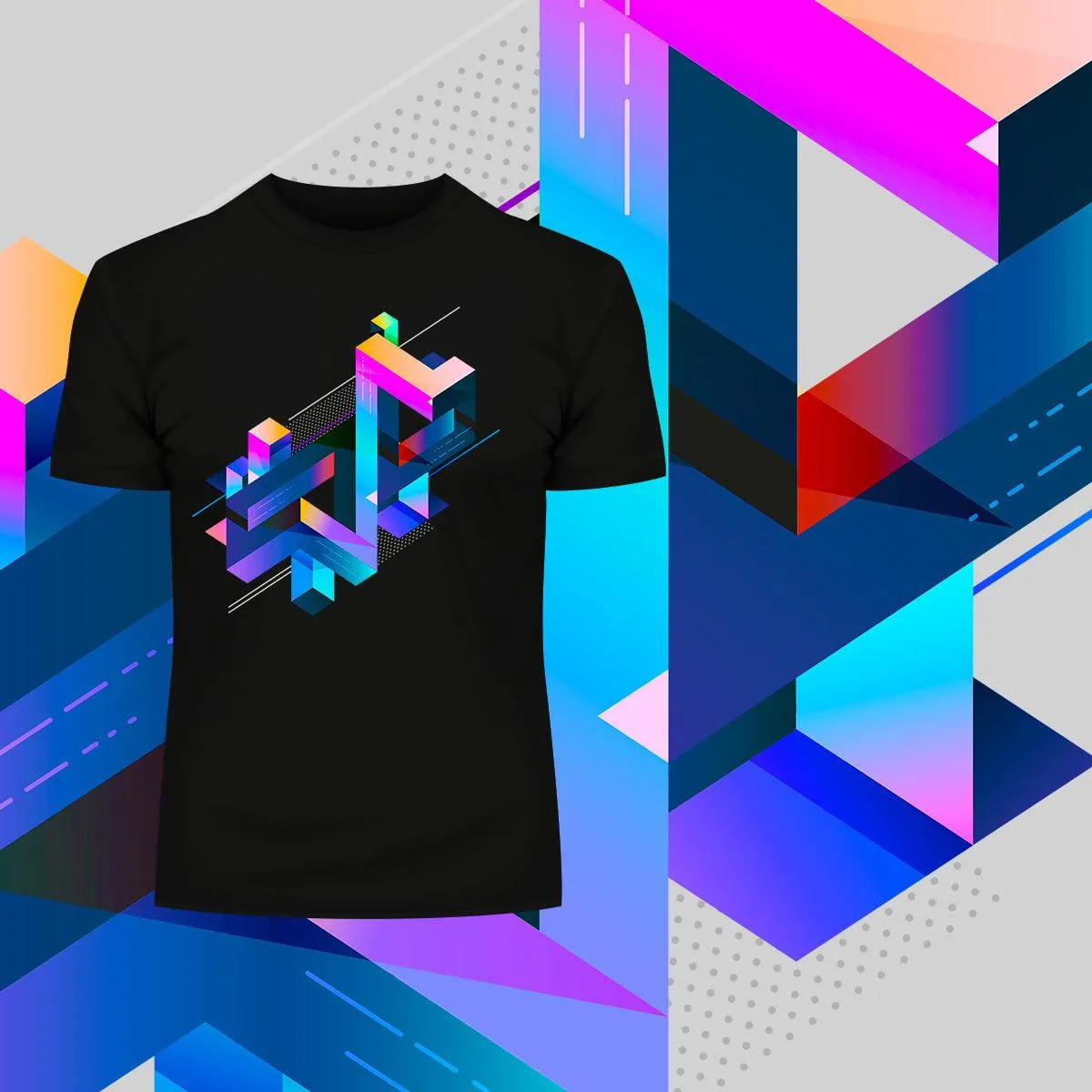 Abstract 3D Geometric T-Shirt – Multicolor Composition Graphic Tee, Unisex Design