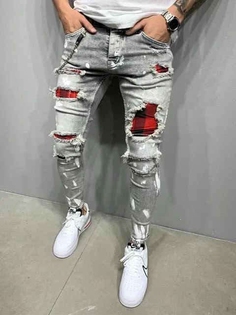 Aidase Men Hot Skinny Jeans Ripped Grid Patchwork Stretch Denim Pants Elastic Hip-Hop Jogging Pencil Pants Men's Clothing