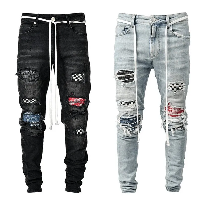Aidase Men Hot Skinny Jeans Ripped Grid Patchwork Stretch Denim Pants Elastic Hip-Hop Jogging Pencil Pants Men's Clothing