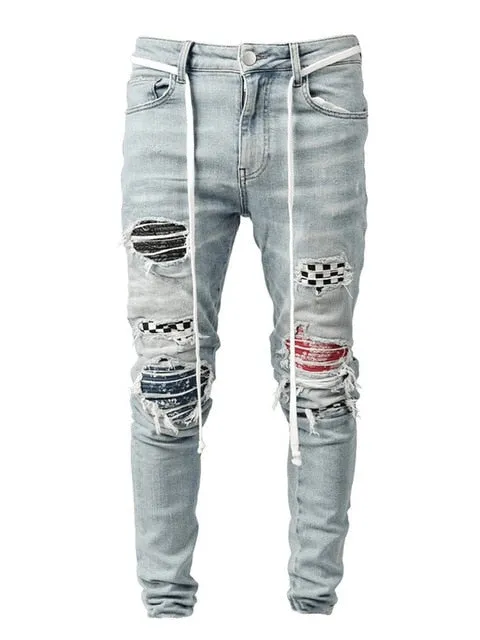 Aidase Men Hot Skinny Jeans Ripped Grid Patchwork Stretch Denim Pants Elastic Hip-Hop Jogging Pencil Pants Men's Clothing
