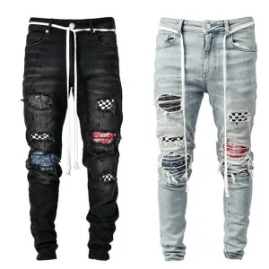 Aidase Men Hot Skinny Jeans Ripped Grid Patchwork Stretch Denim Pants Elastic Hip-Hop Jogging Pencil Pants Men's Clothing