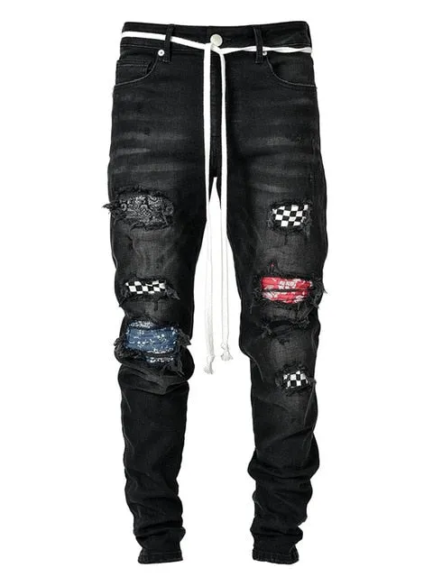 Aidase Men Hot Skinny Jeans Ripped Grid Patchwork Stretch Denim Pants Elastic Hip-Hop Jogging Pencil Pants Men's Clothing
