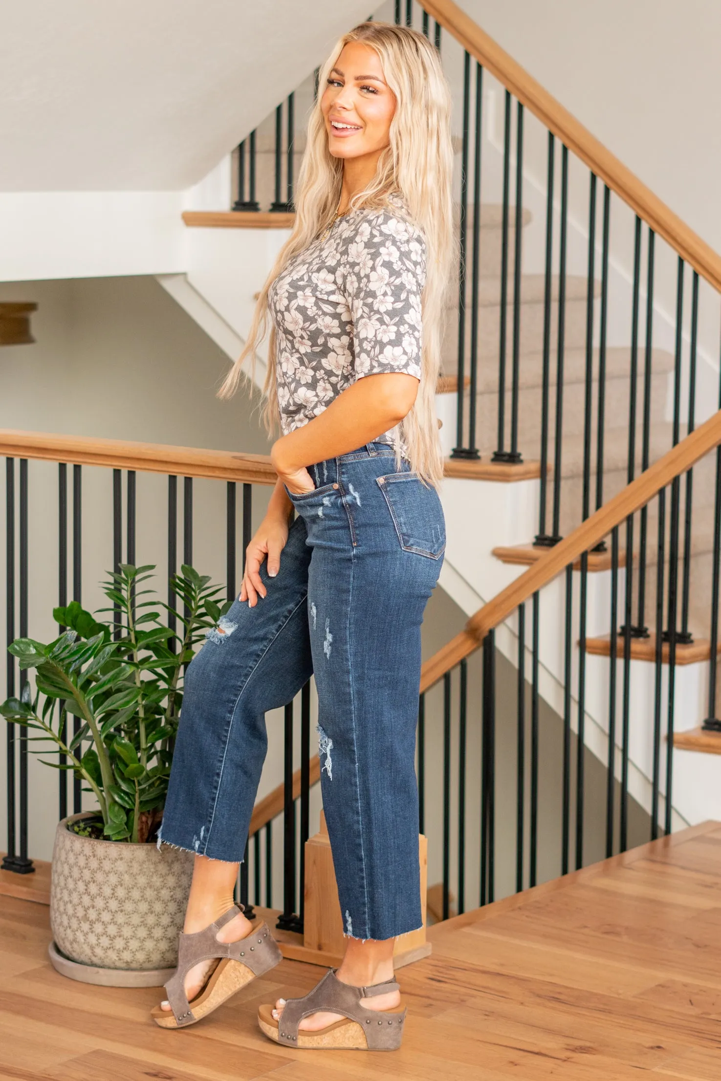Albany High Rise Distressed Cropped Wide Leg