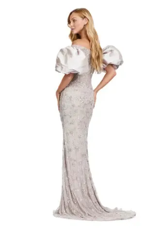 Ashley Lauren 11432 Long Evening Dress Fully Beaded Gown Off Shoulder Puff Sleeves Formal