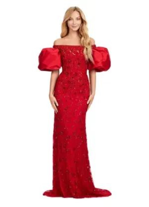 Ashley Lauren 11432 Long Evening Dress Fully Beaded Gown Off Shoulder Puff Sleeves Formal