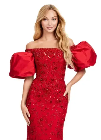 Ashley Lauren 11432 Long Evening Dress Fully Beaded Gown Off Shoulder Puff Sleeves Formal