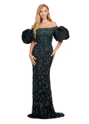 Ashley Lauren 11432 Long Evening Dress Fully Beaded Gown Off Shoulder Puff Sleeves Formal
