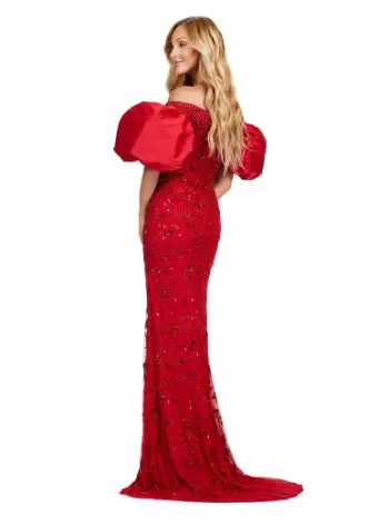 Ashley Lauren 11432 Long Evening Dress Fully Beaded Gown Off Shoulder Puff Sleeves Formal
