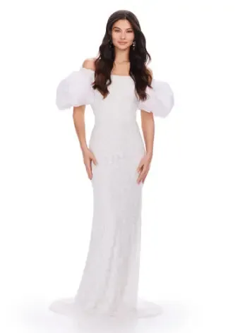 Ashley Lauren 11432 Long Evening Dress Fully Beaded Gown Off Shoulder Puff Sleeves Formal