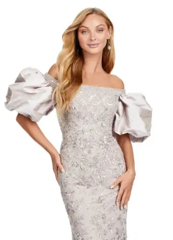 Ashley Lauren 11432 Long Evening Dress Fully Beaded Gown Off Shoulder Puff Sleeves Formal
