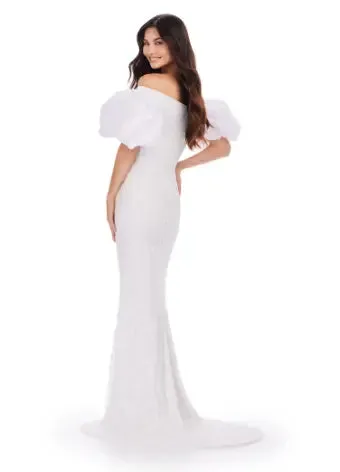 Ashley Lauren 11432 Long Evening Dress Fully Beaded Gown Off Shoulder Puff Sleeves Formal