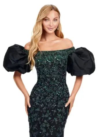 Ashley Lauren 11432 Long Evening Dress Fully Beaded Gown Off Shoulder Puff Sleeves Formal