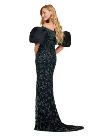 Ashley Lauren 11432 Long Evening Dress Fully Beaded Gown Off Shoulder Puff Sleeves Formal