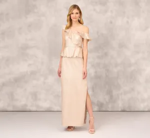 Asymmetrical Column Gown With Ruffle Details In Taupe