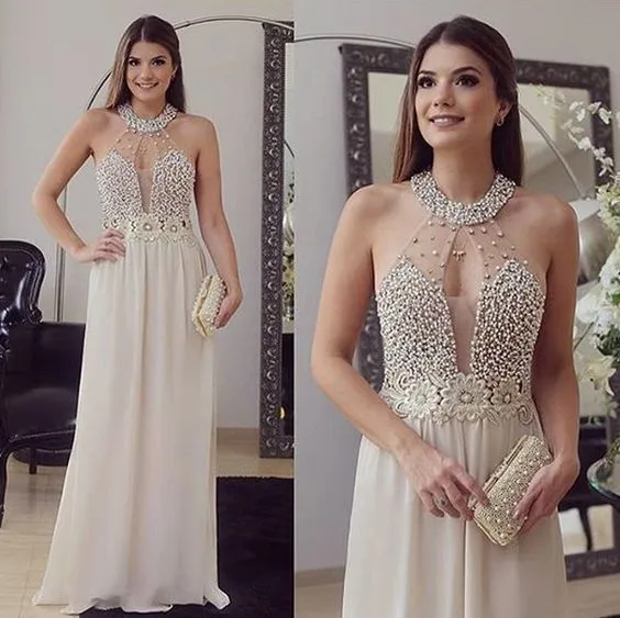 Bead Sparkly Sexy Beige Evening Dress Long Formal Party Gown