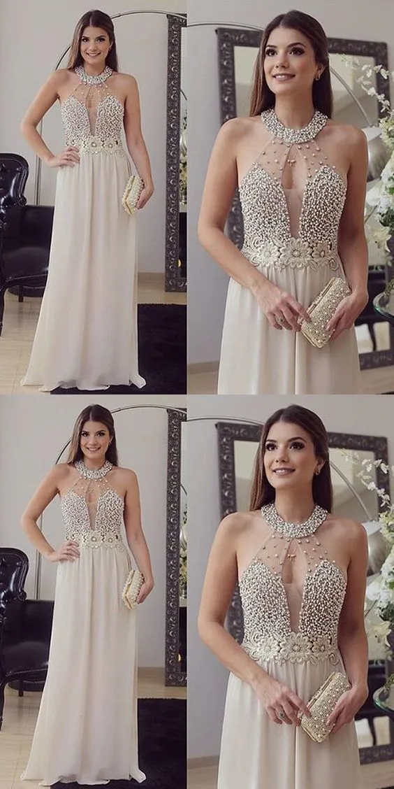 Bead Sparkly Sexy Beige Evening Dress Long Formal Party Gown
