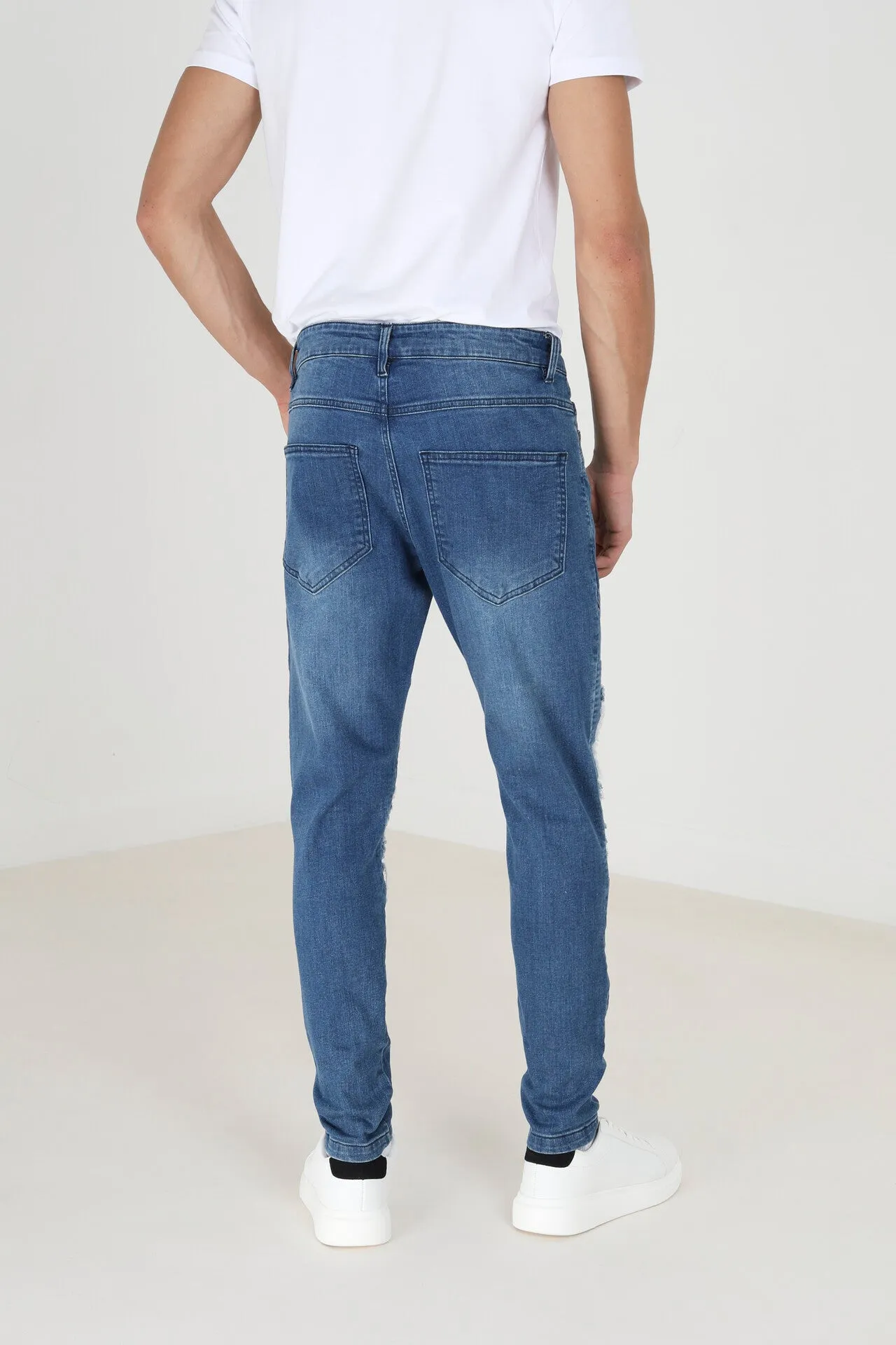BIKER STITCH BLUE RIPPED JEANS