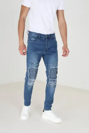 BIKER STITCH BLUE RIPPED JEANS