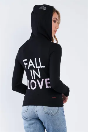 Black Long Sleeve "Fall In Love" Zip Up Hoodie Sweatshirt