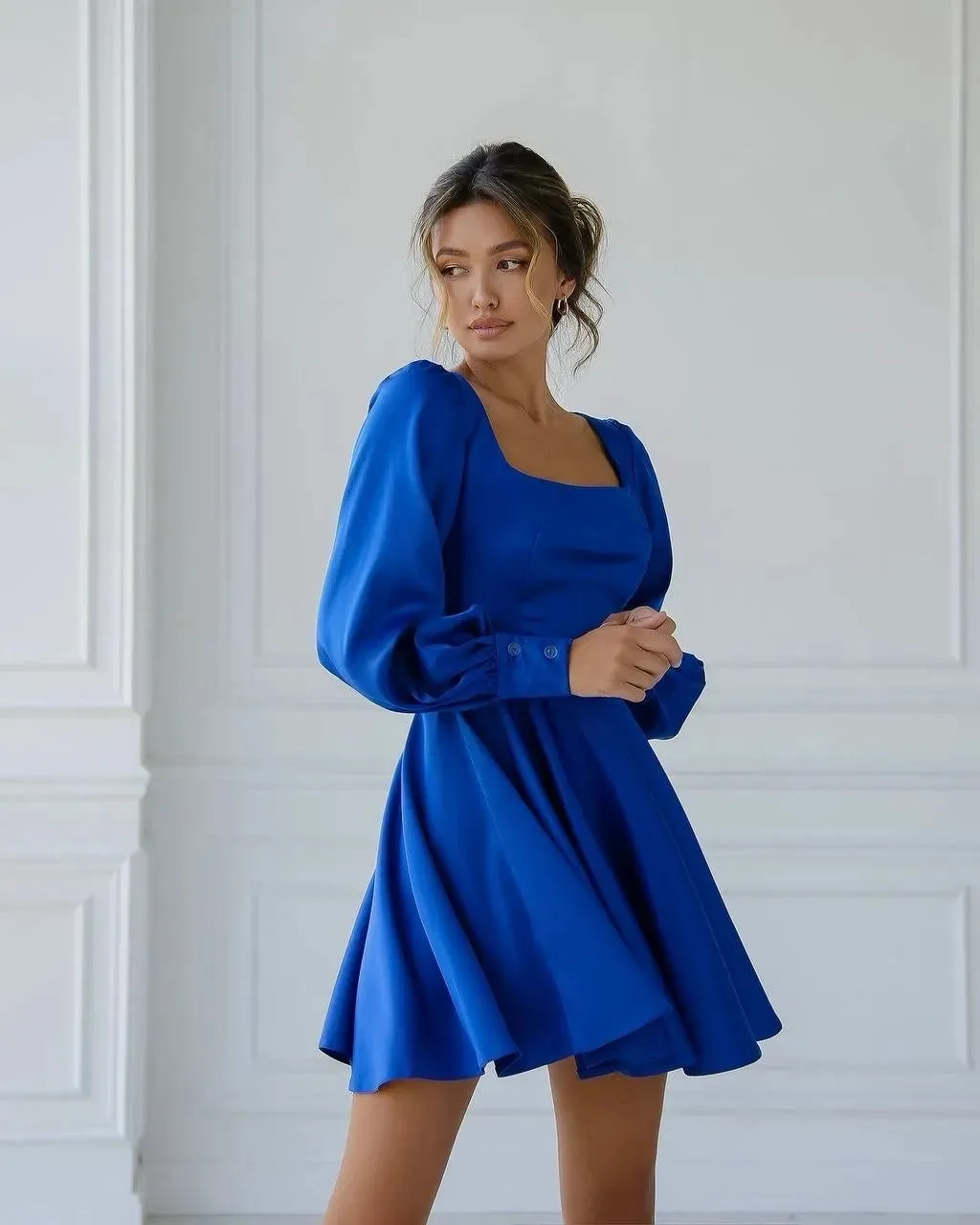 Blue mini dress "Baby doll long sleeve"