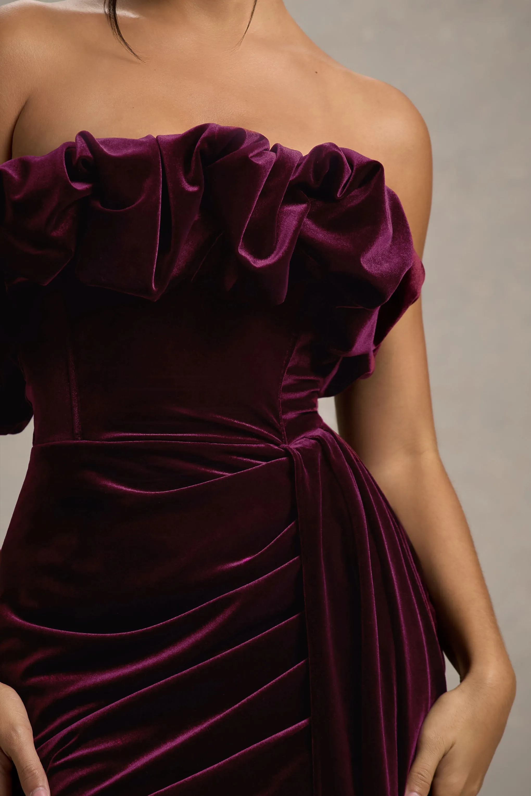 Ceronne | Plum Velvet Bandeau Mini Dress With Drape