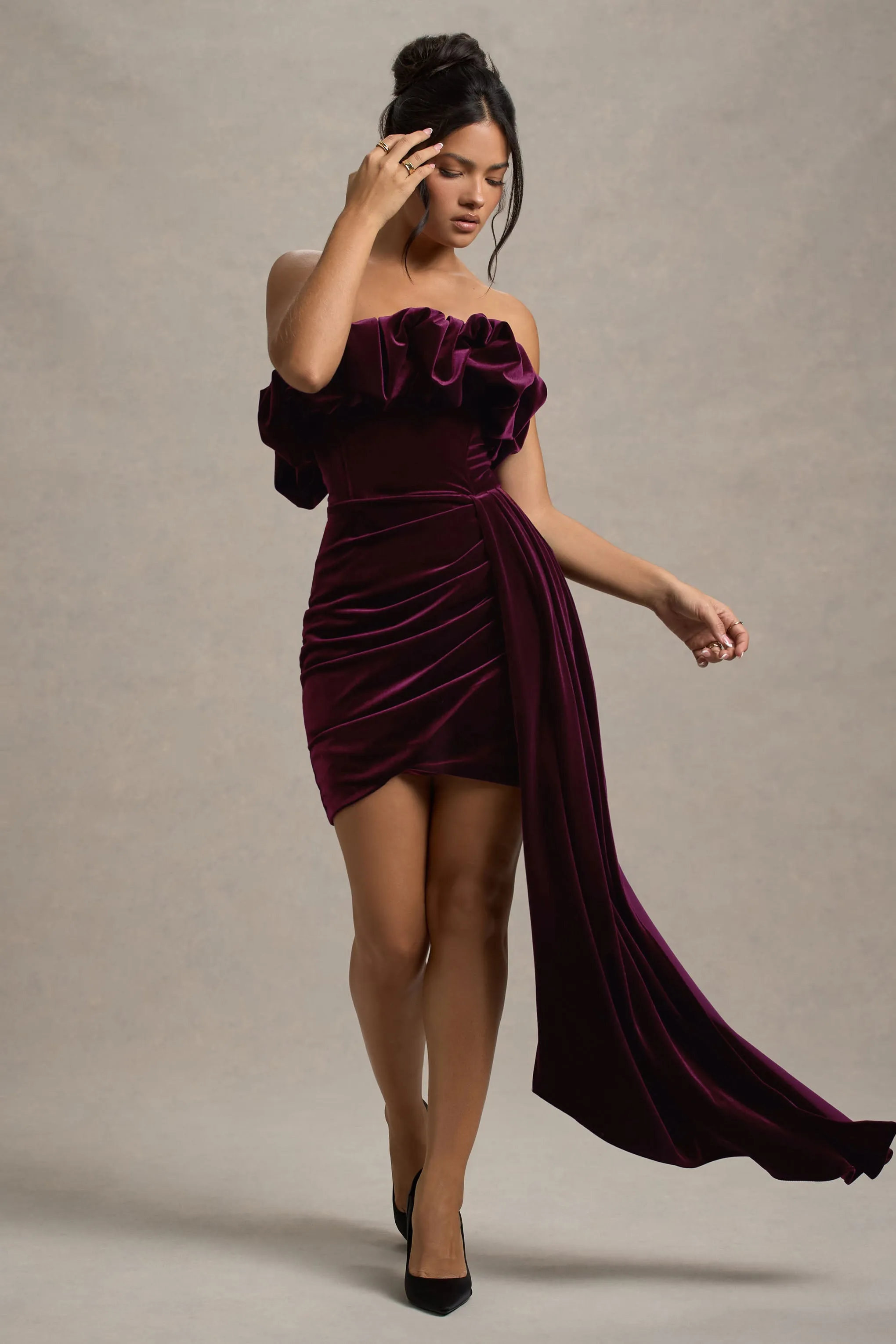 Ceronne | Plum Velvet Bandeau Mini Dress With Drape