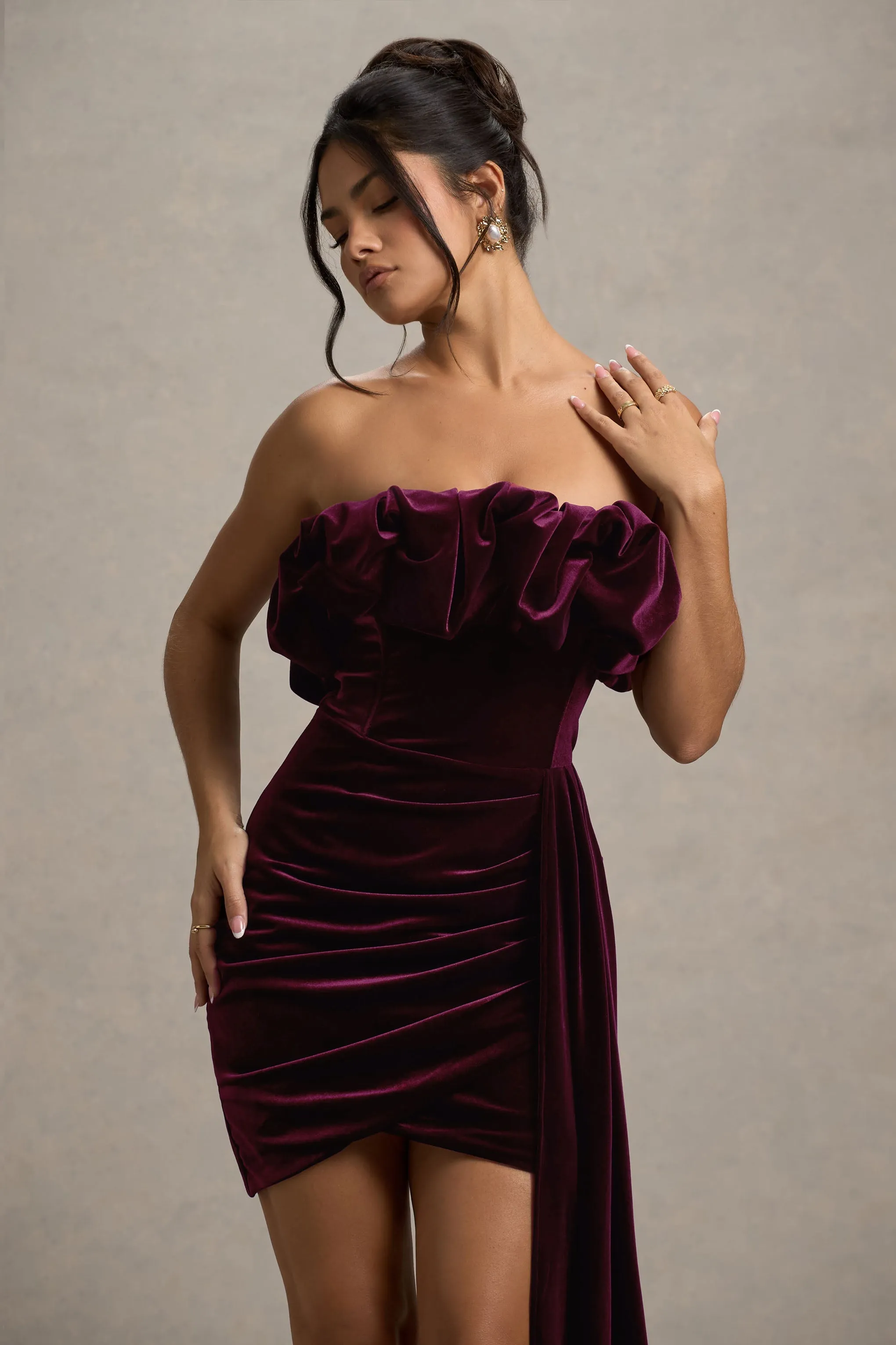 Ceronne | Plum Velvet Bandeau Mini Dress With Drape