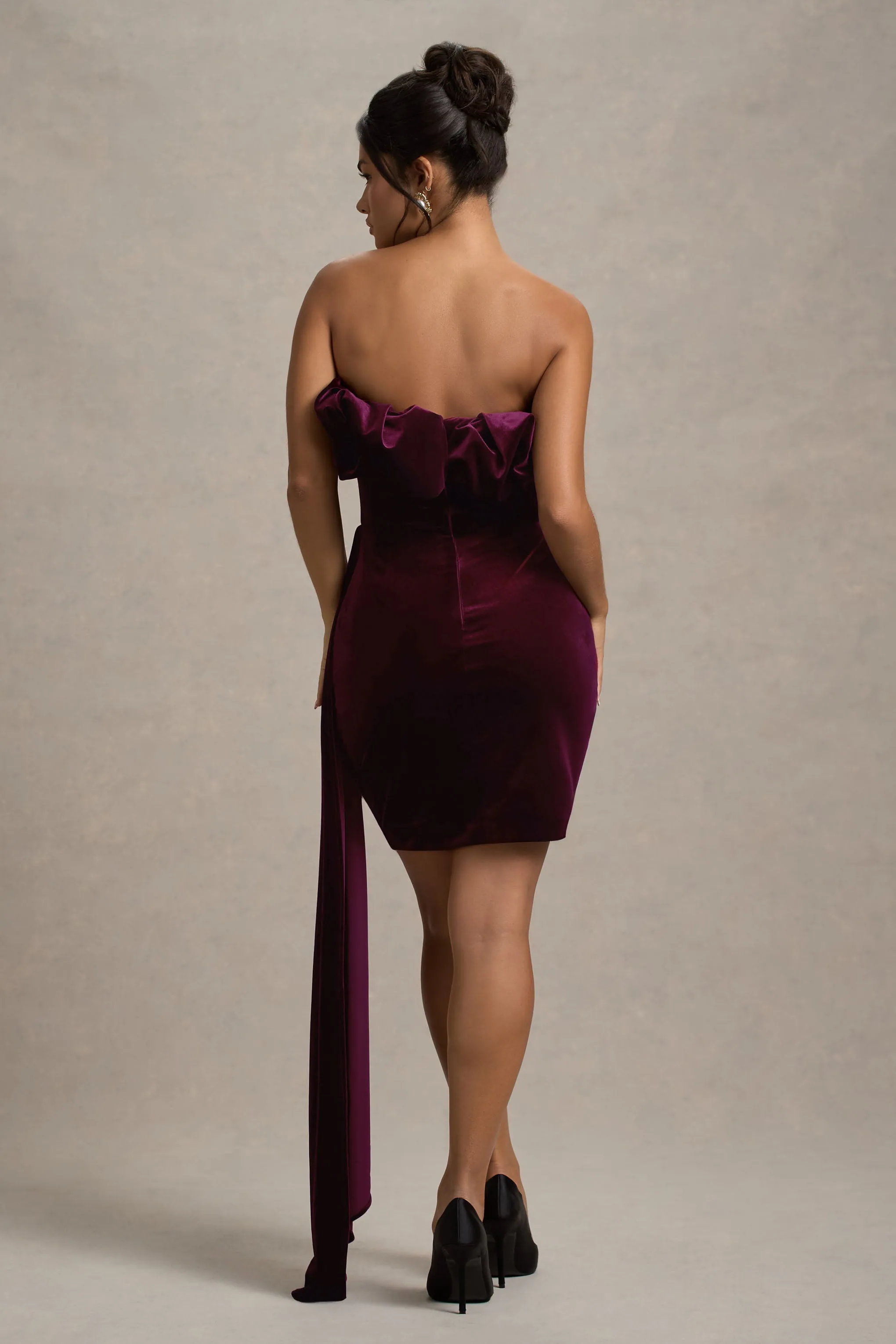Ceronne | Plum Velvet Bandeau Mini Dress With Drape