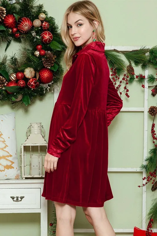 City Chic Button Down Velvet Dress in Red