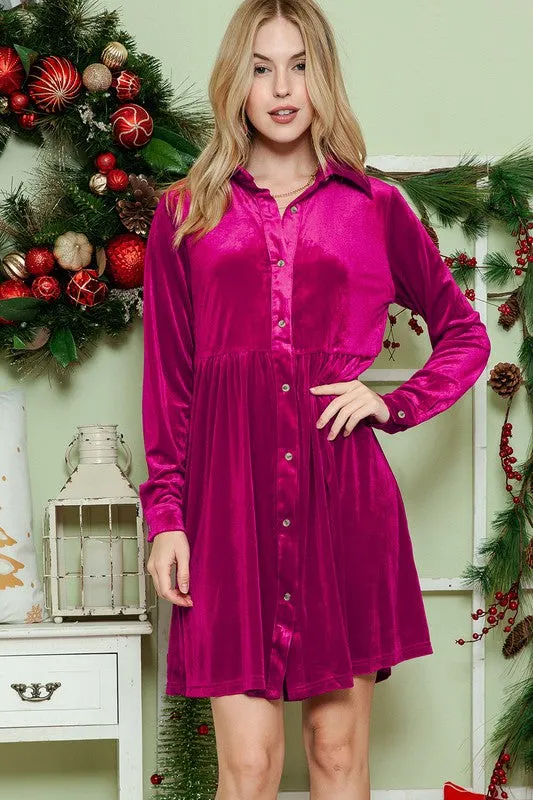 City Chic Button Down Velvet Dress in Red