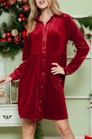City Chic Button Down Velvet Dress in Red