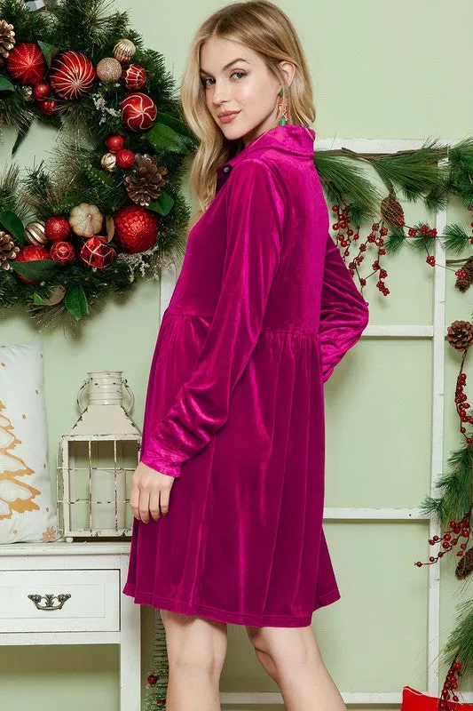 City Chic Button Down Velvet Dress in Red