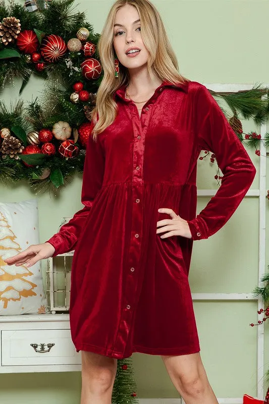 City Chic Button Down Velvet Dress in Red