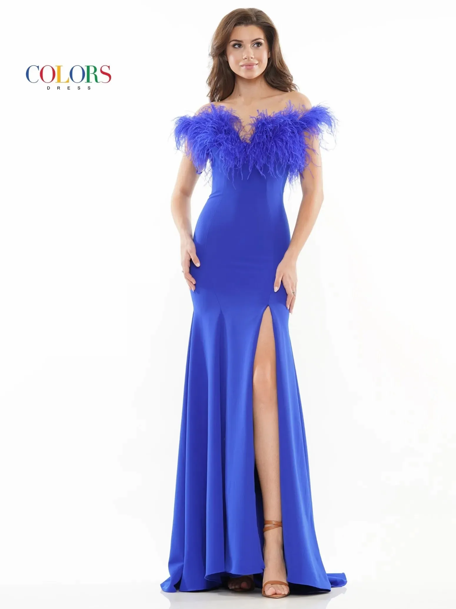 Colors Dress 2663 Size 4 Hot Pink Long Fitted Feather off the Shoulder Formal Prom Dress Slit Pageant Gown