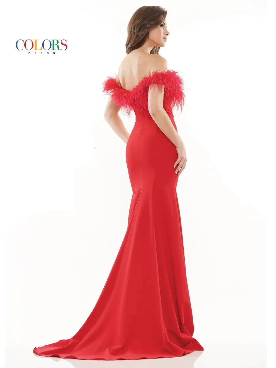 Colors Dress 2663 Size 4 Hot Pink Long Fitted Feather off the Shoulder Formal Prom Dress Slit Pageant Gown