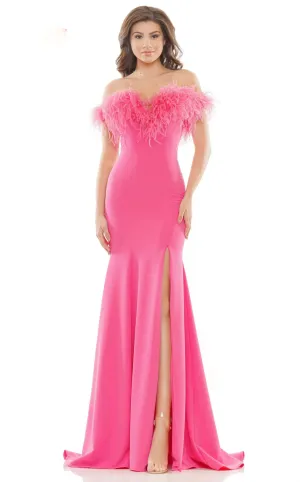 Colors Dress 2663 Size 4 Hot Pink Long Fitted Feather off the Shoulder Formal Prom Dress Slit Pageant Gown