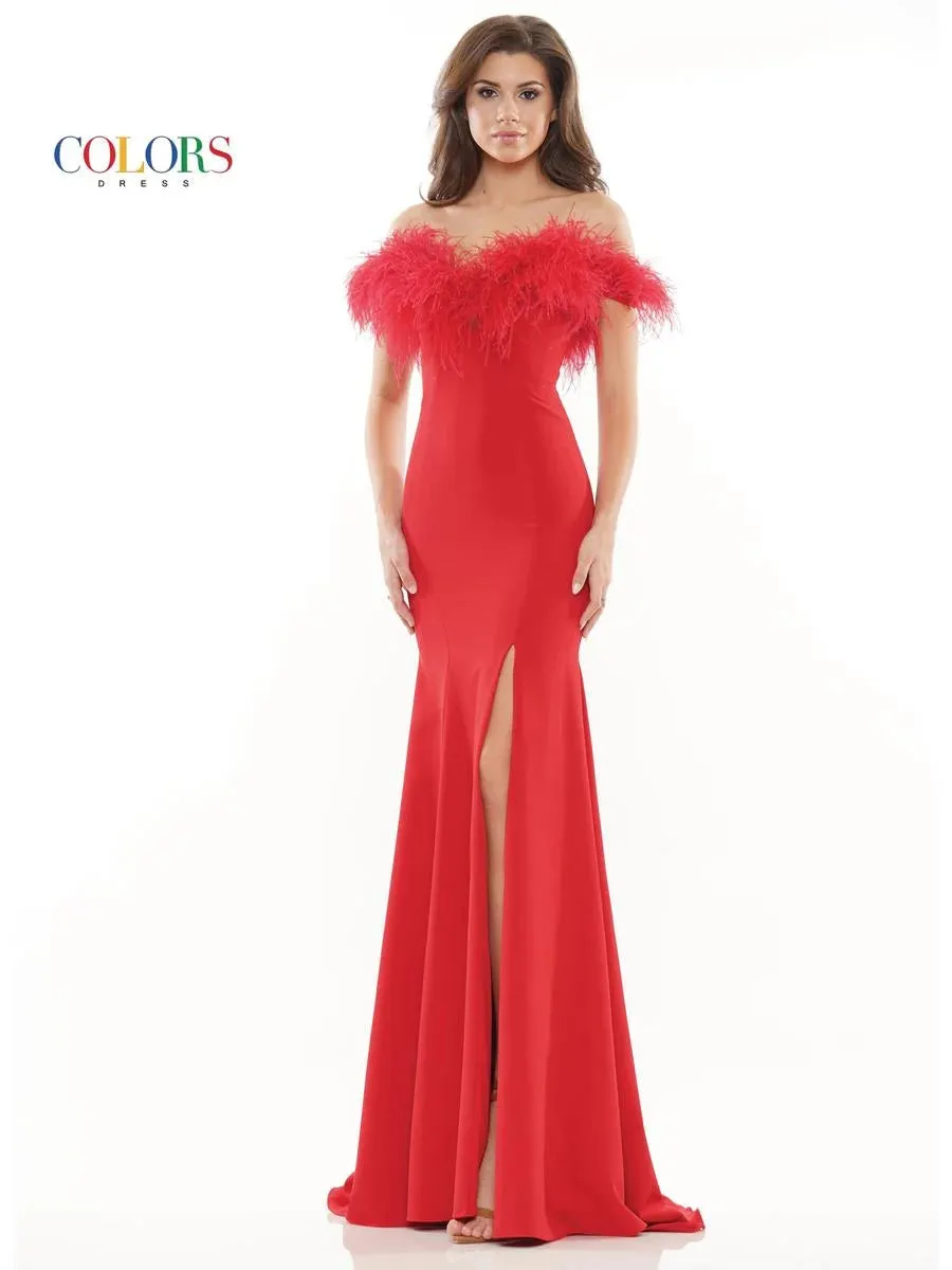 Colors Dress 2663 Size 4 Hot Pink Long Fitted Feather off the Shoulder Formal Prom Dress Slit Pageant Gown