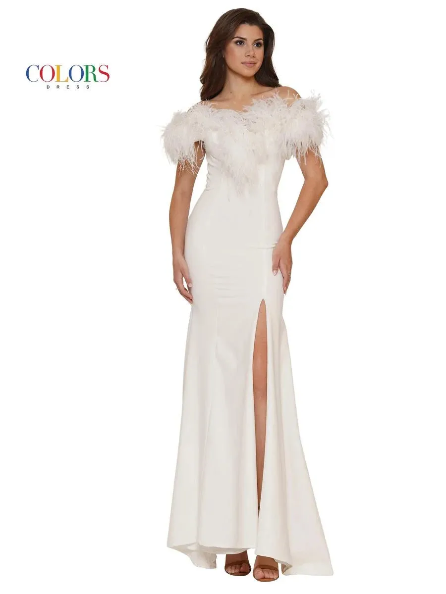 Colors Dress 2663 Size 4 Hot Pink Long Fitted Feather off the Shoulder Formal Prom Dress Slit Pageant Gown