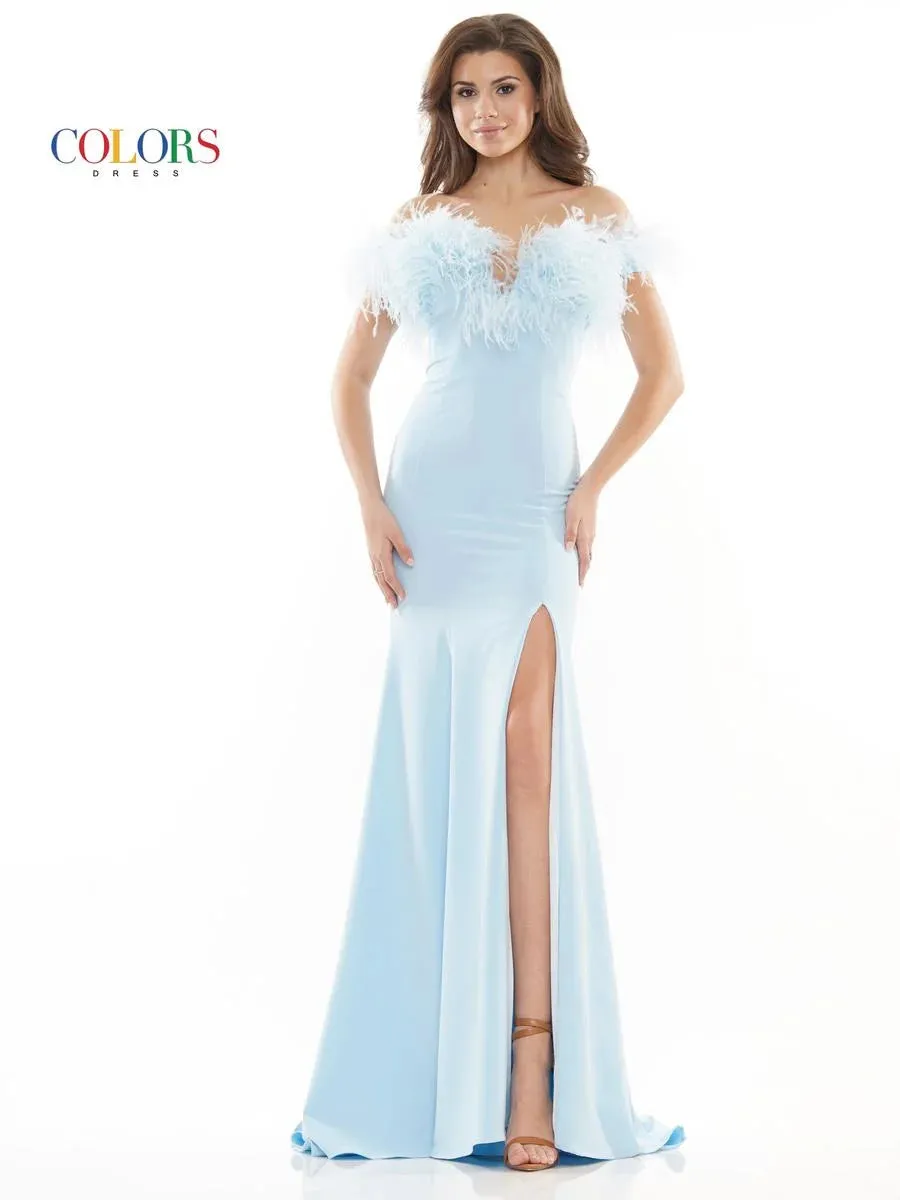 Colors Dress 2663 Size 4 Hot Pink Long Fitted Feather off the Shoulder Formal Prom Dress Slit Pageant Gown