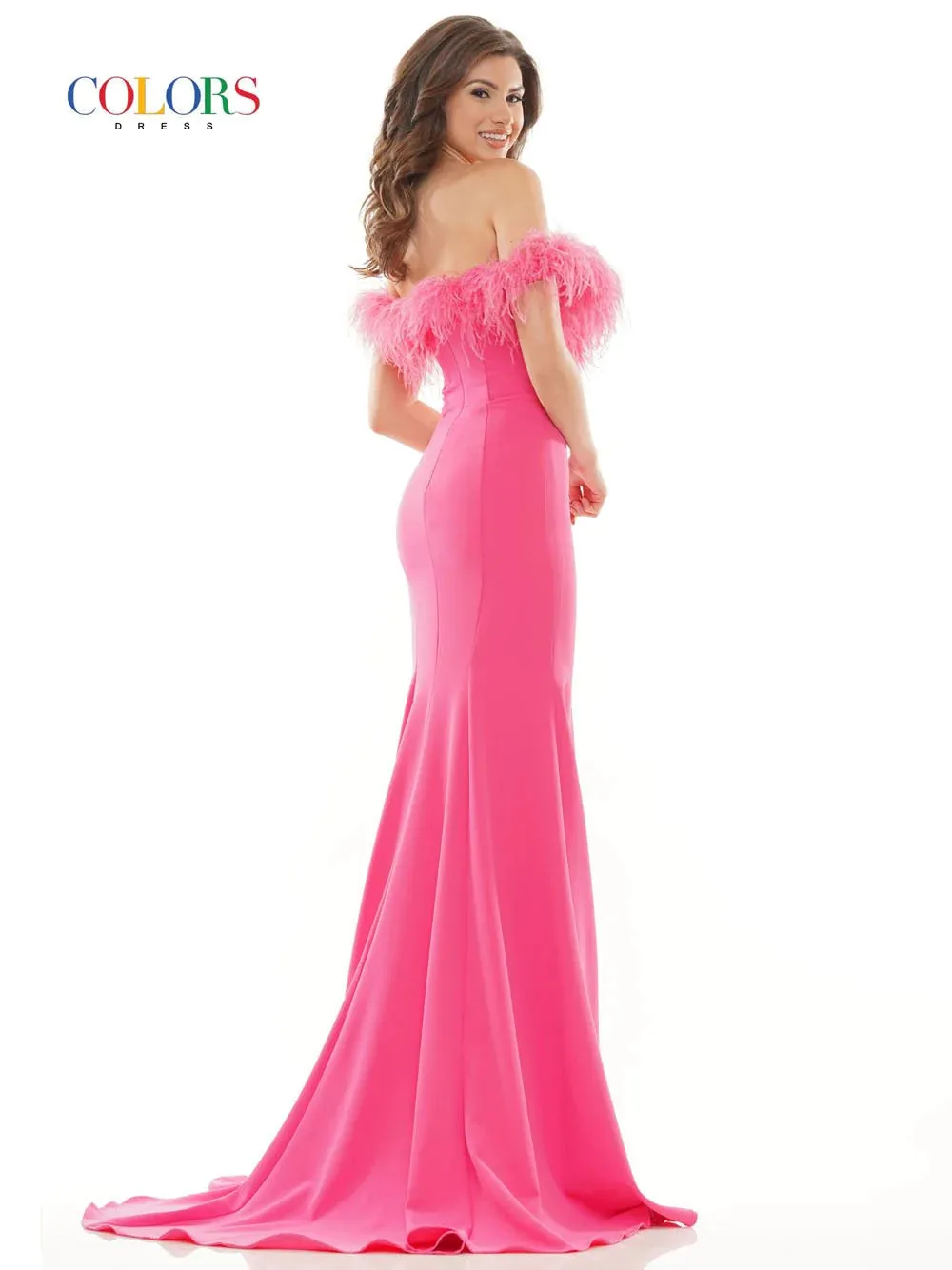 Colors Dress 2663 Size 4 Hot Pink Long Fitted Feather off the Shoulder Formal Prom Dress Slit Pageant Gown