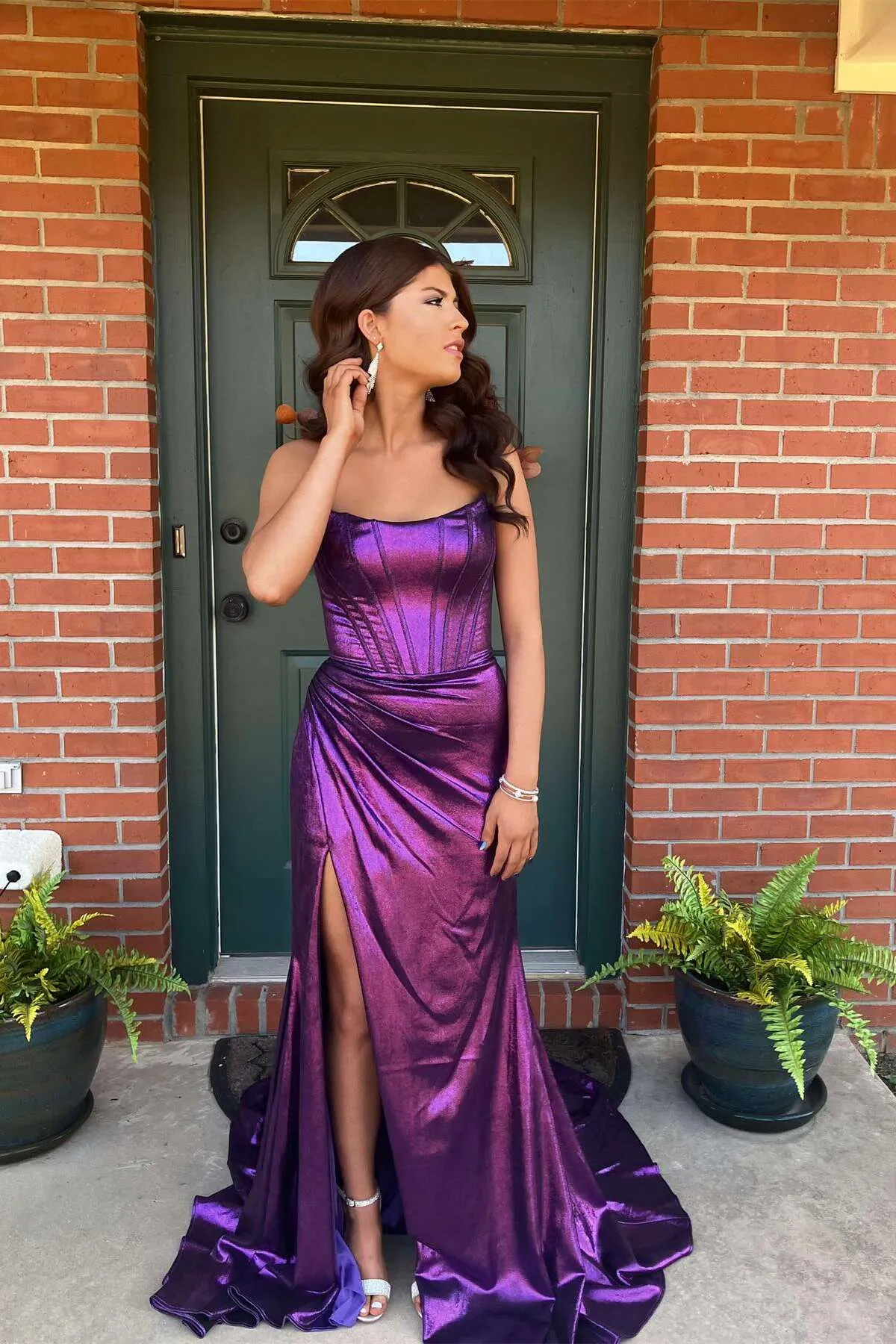 Dark Green Strapless Sheath Satin Long Prom Dress With Split