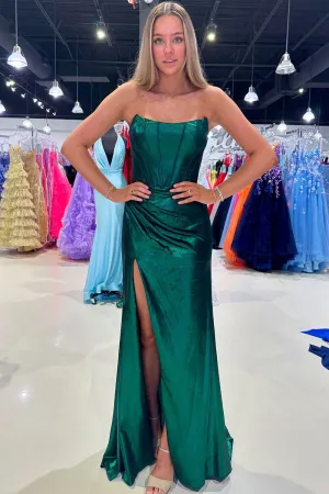 Dark Green Strapless Sheath Satin Long Prom Dress With Split