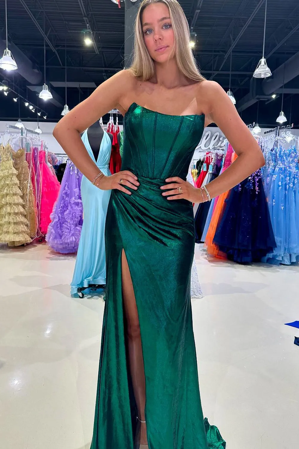 Dark Green Strapless Sheath Satin Long Prom Dress With Split