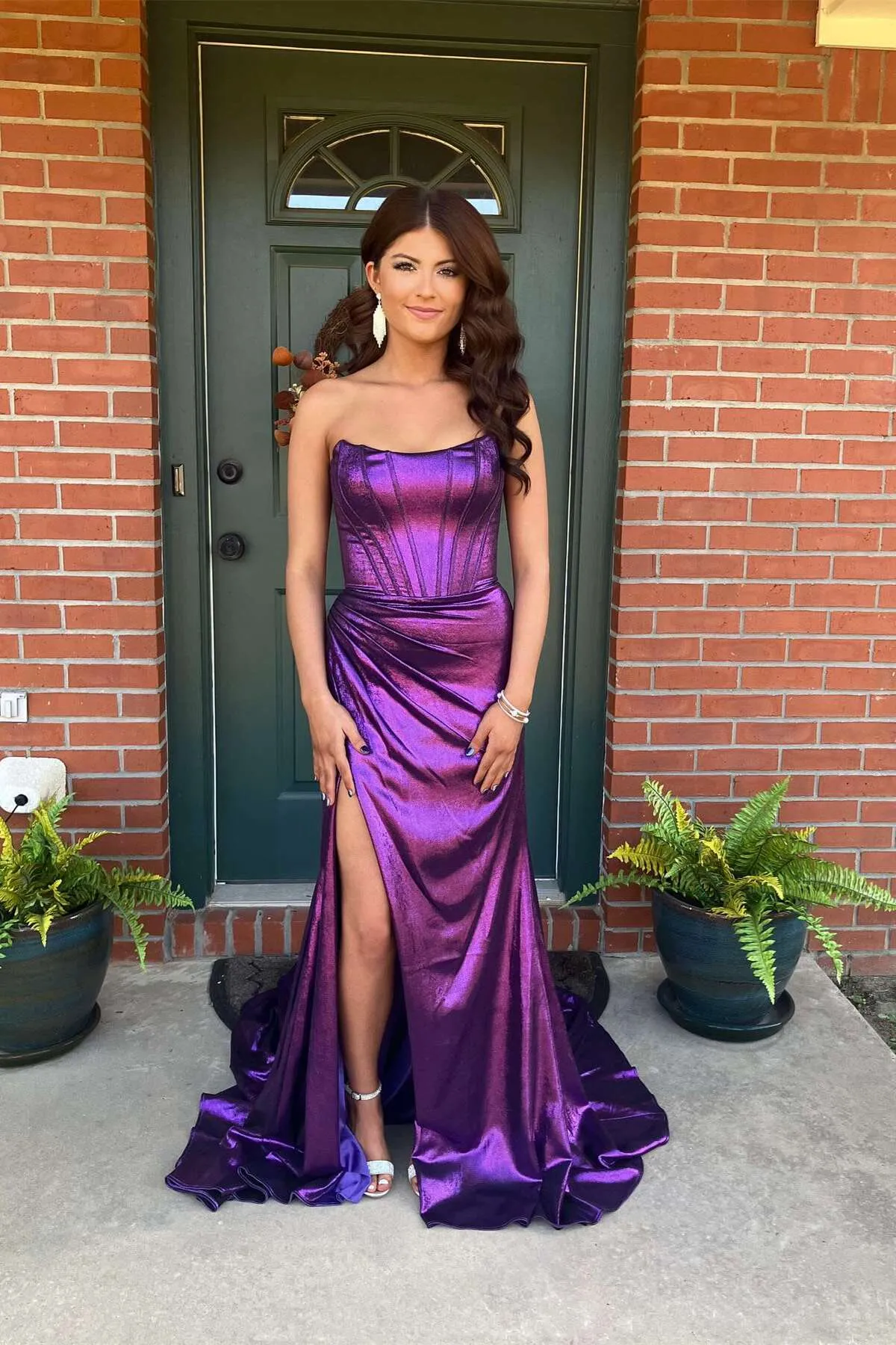 Dark Green Strapless Sheath Satin Long Prom Dress With Split