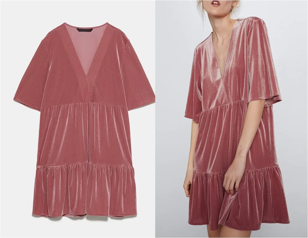 Flared Velvet Dress Deep V Neck / Ruffled Edges