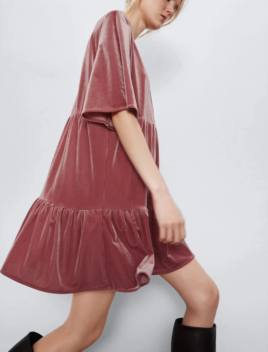 Flared Velvet Dress Deep V Neck / Ruffled Edges